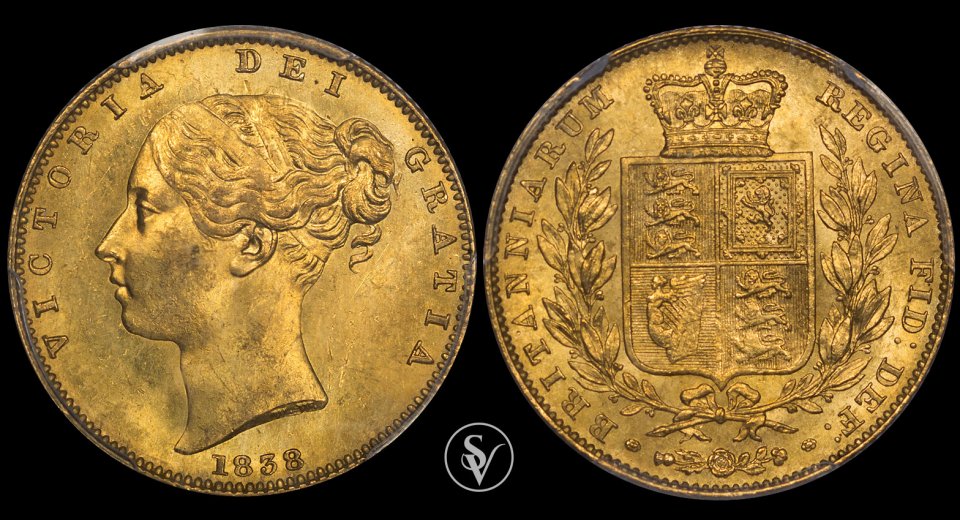 1838 χρυσή λίρα με θυρεό και την Βικτώρια MS64 PCGS(STOLEN)