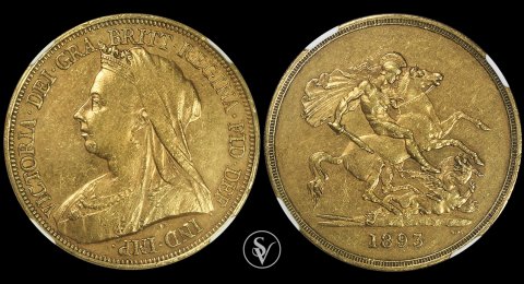 1893 χρυσό πεντόλιρο Βικτώριας AU53 NGC