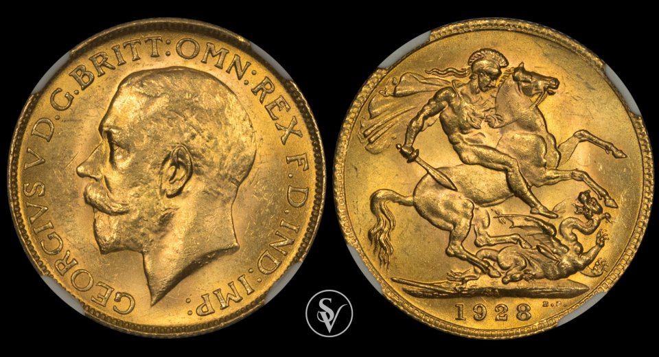 1928 SA George V gold sovereign MS64 NGC