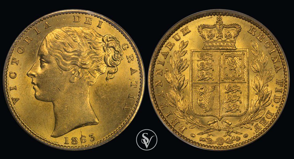 1863 Victoria shield gold sovereign MS63 PCGS (STOLEN)