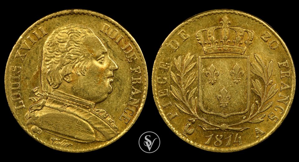 1814 χρυσό 20 φραγκα Γαλλίας Louis XVIII 