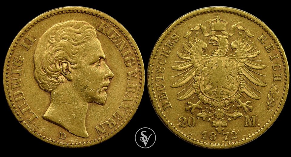 1872 M 20 Marks gold Ludwig II Kingdom of Bavaria 