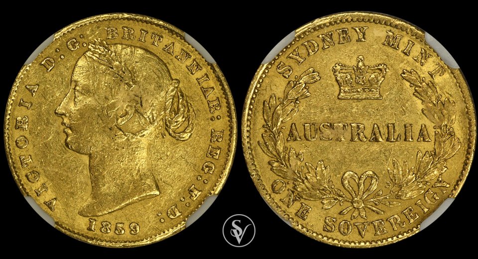 1859 χρυσή λίρα Αυστραλίας Βικτώρια AU50 NGC