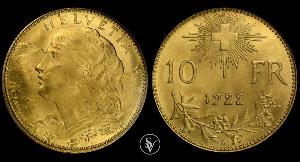 1922 χρυσό 10 φραγκα Ελβετία MS66 NGC