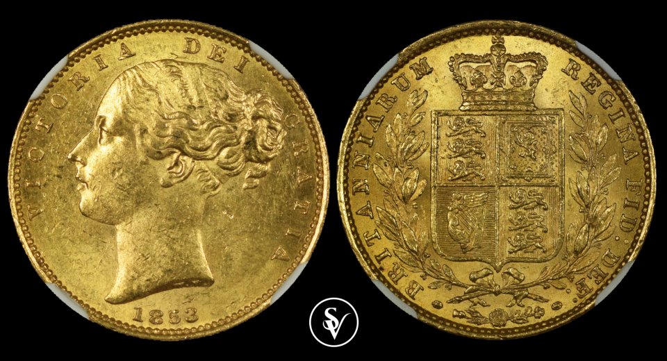 1853 χρυσή λίρα με θυρεό Βικτώριας MS62 NGC