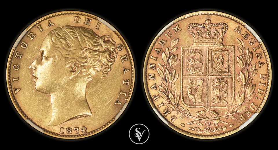 1874 χρυσή λίρα Βικτώριας με θυρεό Λονδίνου