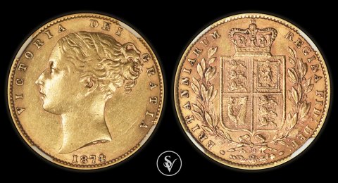 1874 χρυσή λίρα Βικτώριας με θυρεό Λονδίνου