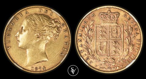 1874 Victoria gold sovereign shield London Die 32