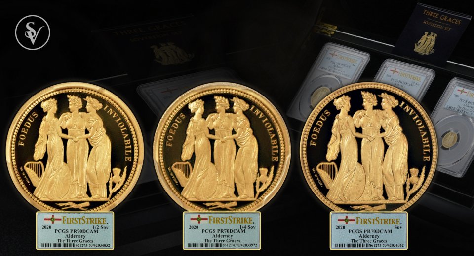 The Three Graces Alderney gold 3 coin set PF70DCAM First Strike PCGS