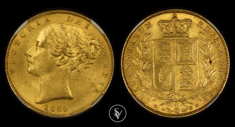1869 χρυσή λίρα με Βικτώρια και θυρεό MS64 NGC(STOLEN)
