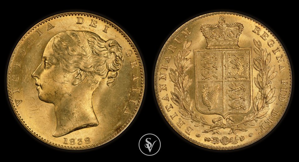 1838 χρυσή λίρα με θυρεό και την Βικτώρια MS64 PCGS