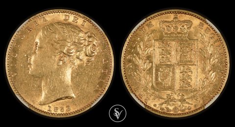 1853 W.W raised Victoria gold sovereign RMS DOURO TREASURE AU58 NGC