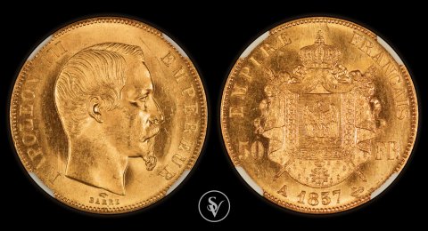 1857A 50 Francs gold France MS64+ NGC