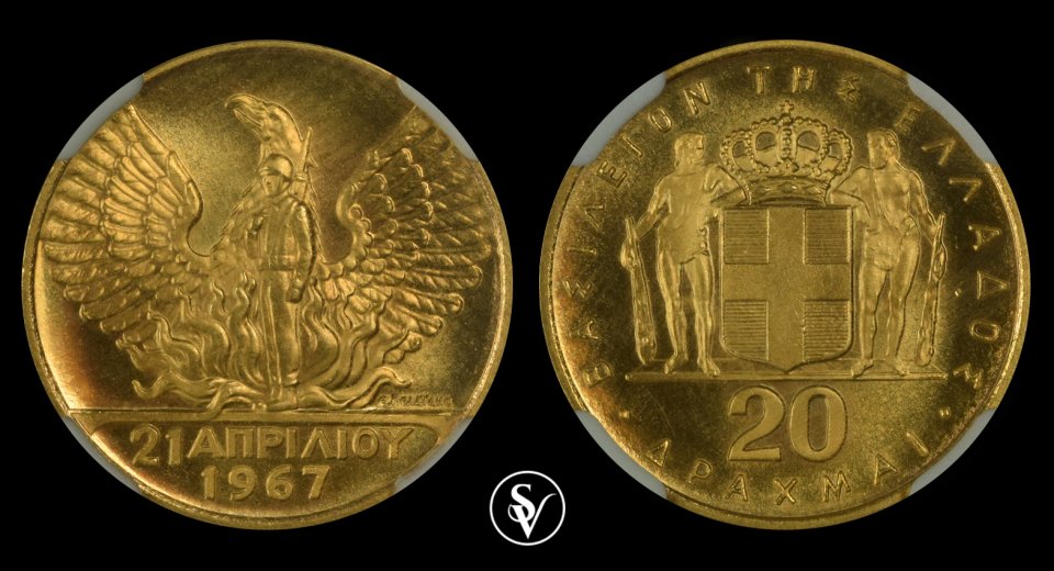 1967 20 Drachmai gold revolution Greece MS66 NGC 
