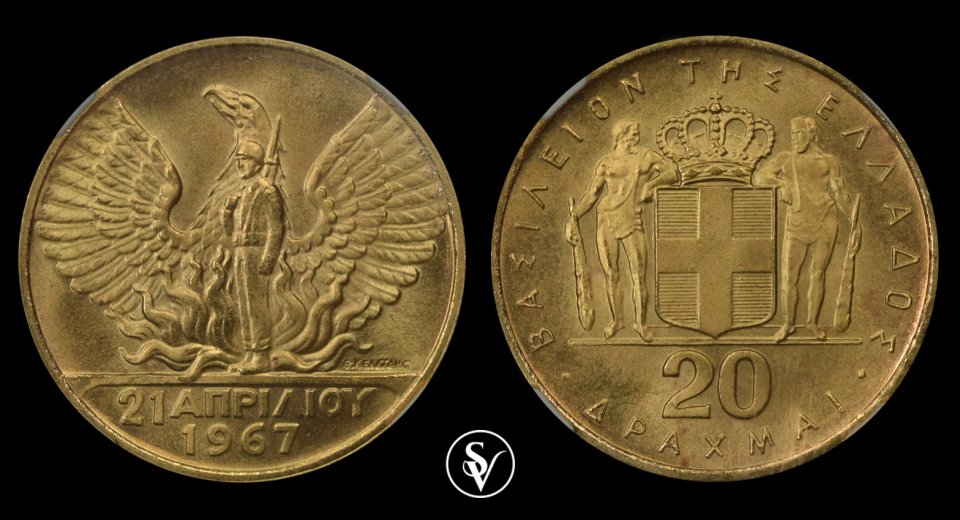 1967 20 Drachmai gold Revolution MS68 NGC