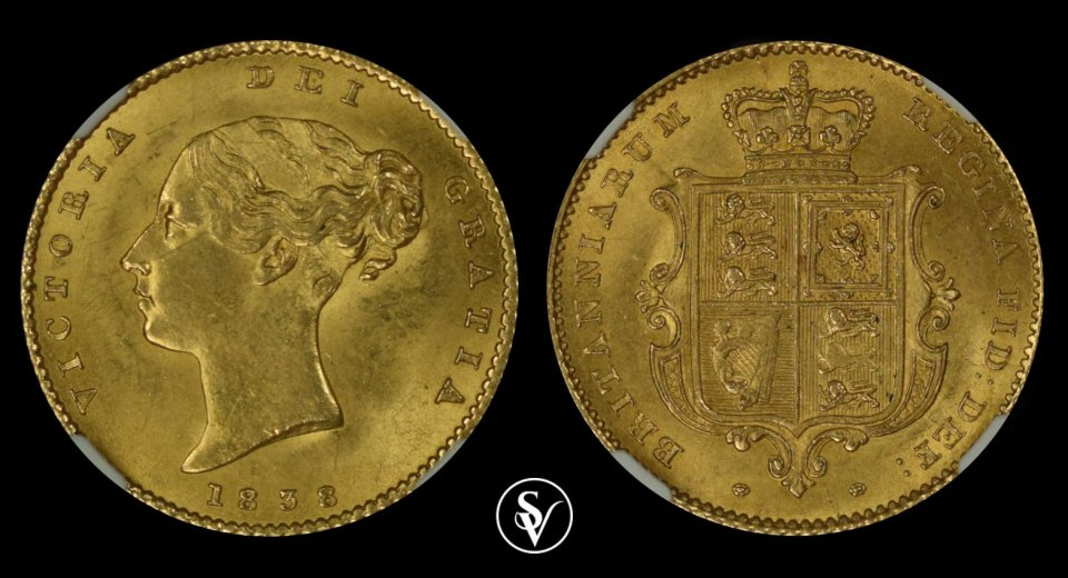 1838 χρυσό μισόλιρο Βικτόρια με τον θυρεό MS63 NGC 