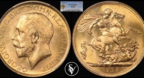 1915 S George V gold sovereign MS63 PCGS