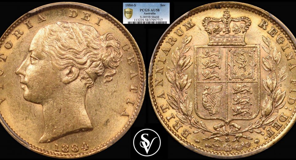 1884 S Victoria gold sovereign shield AU58 PCGS